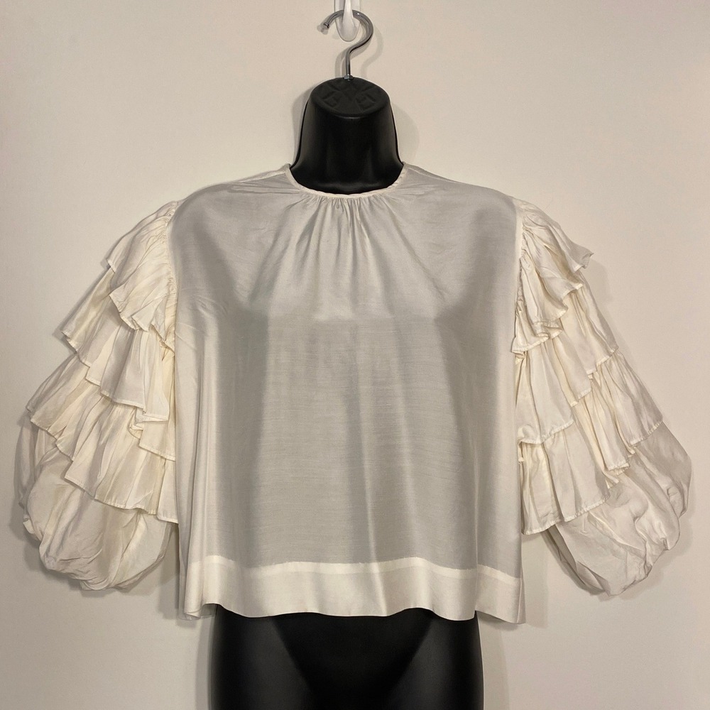 Marie Oliver Cream Tiered Ruffle Sleeve Silk Blend Blouse XXS Crew Neck Keyhole